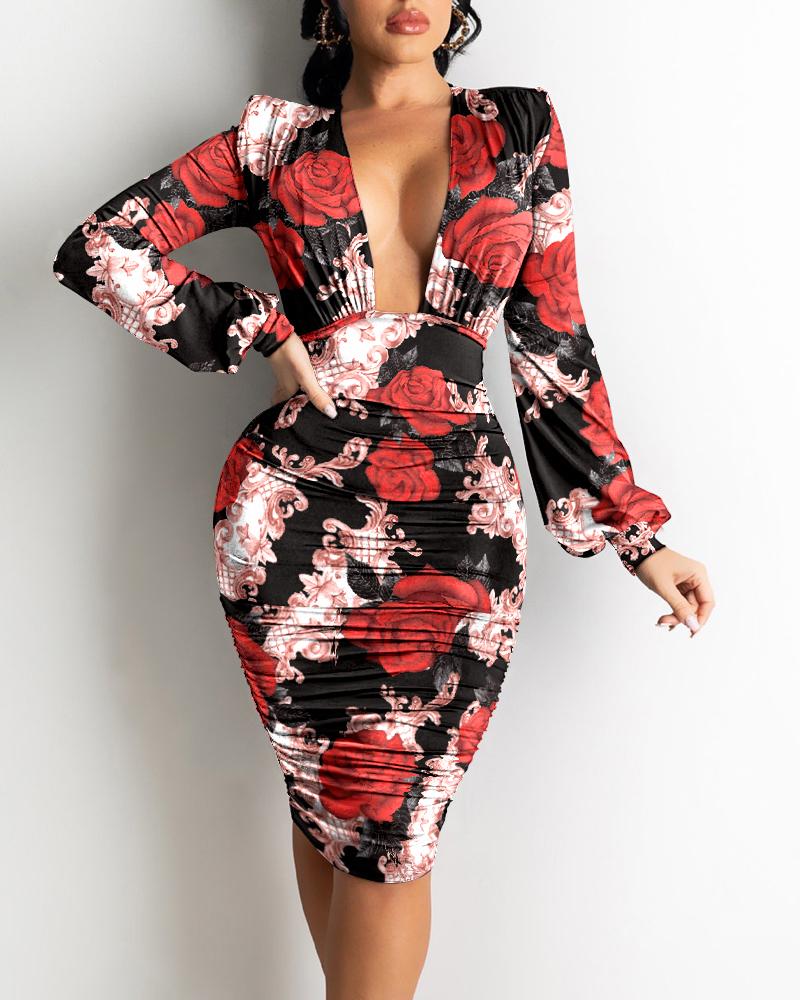 

Floral Print Plunge Lantern Sleeve Ruched Skinny Dress, Black