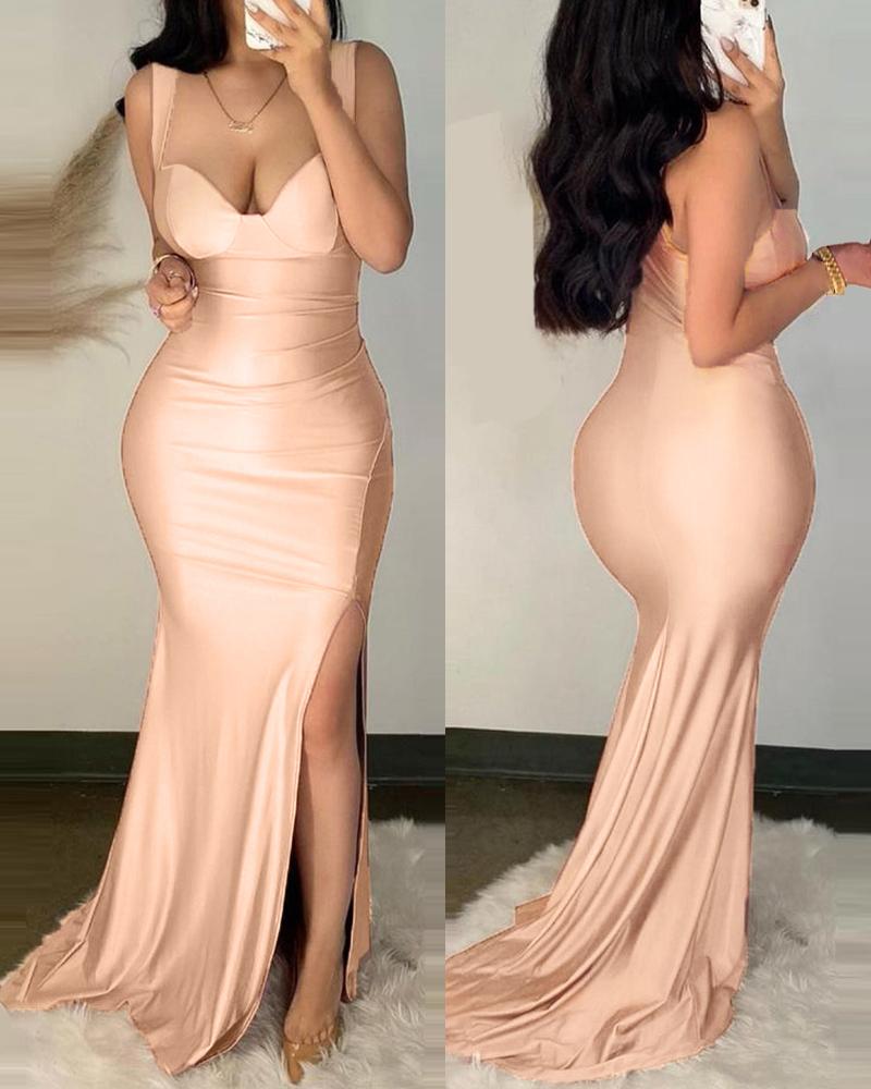 

Thick Strap Satin Slit Evening Mermaid Dress, Pink