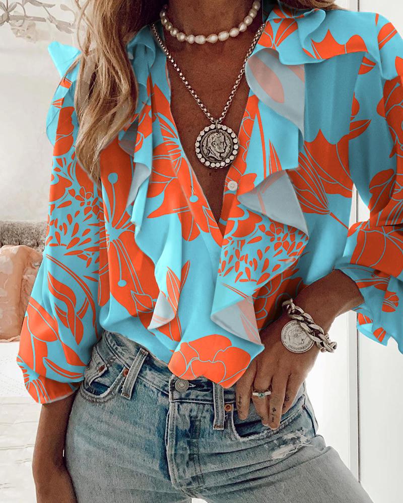 

Plants Print Flounce Sleeve Ruffle Hem Top, Blue