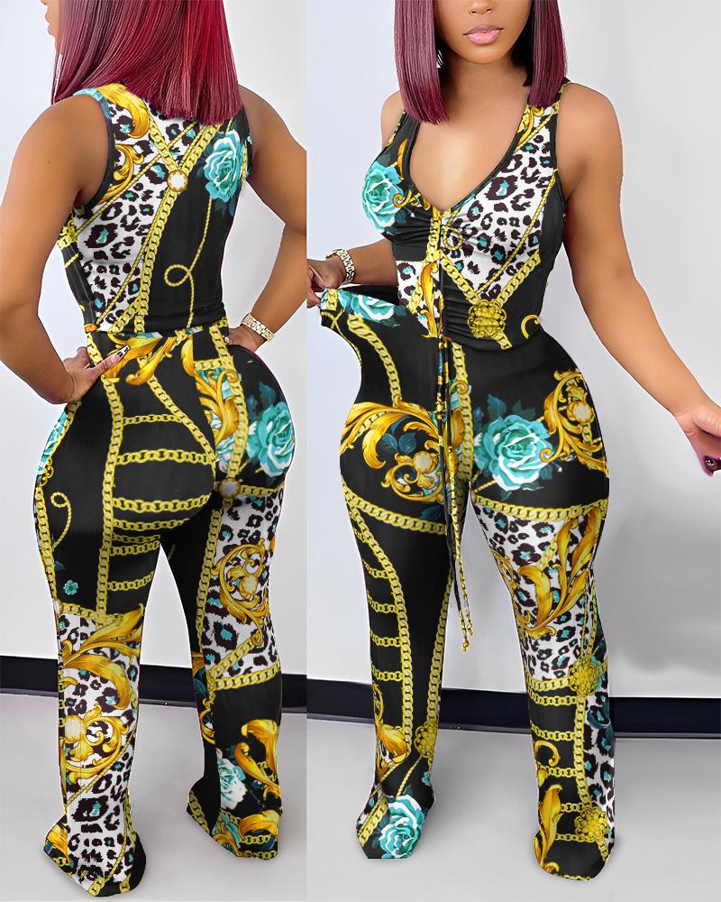 

Baroque Chain Print Drawstring Tank Top & Pants Set, Multicolor