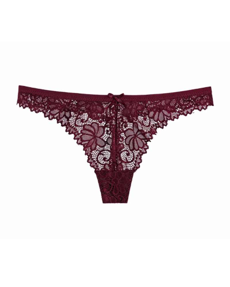 

Bowknot Decor Breathable Lace Thong Panty, Wine red