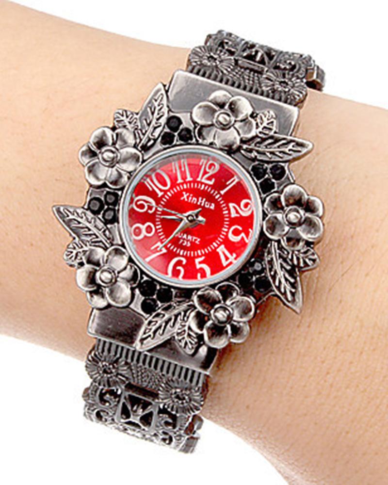 

Floral Pattern Vintage Creatively Bangle Watch, Red