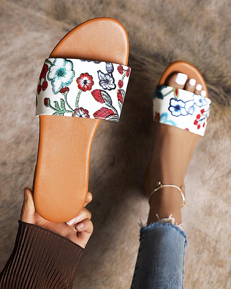 

Floral Print Open-toe Round-toe Flat Sandals, White