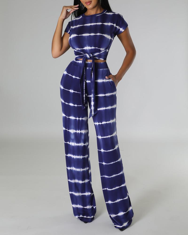 

Tie Dye Print Tied Detail Top & Wide Leg Pants Set, Blue
