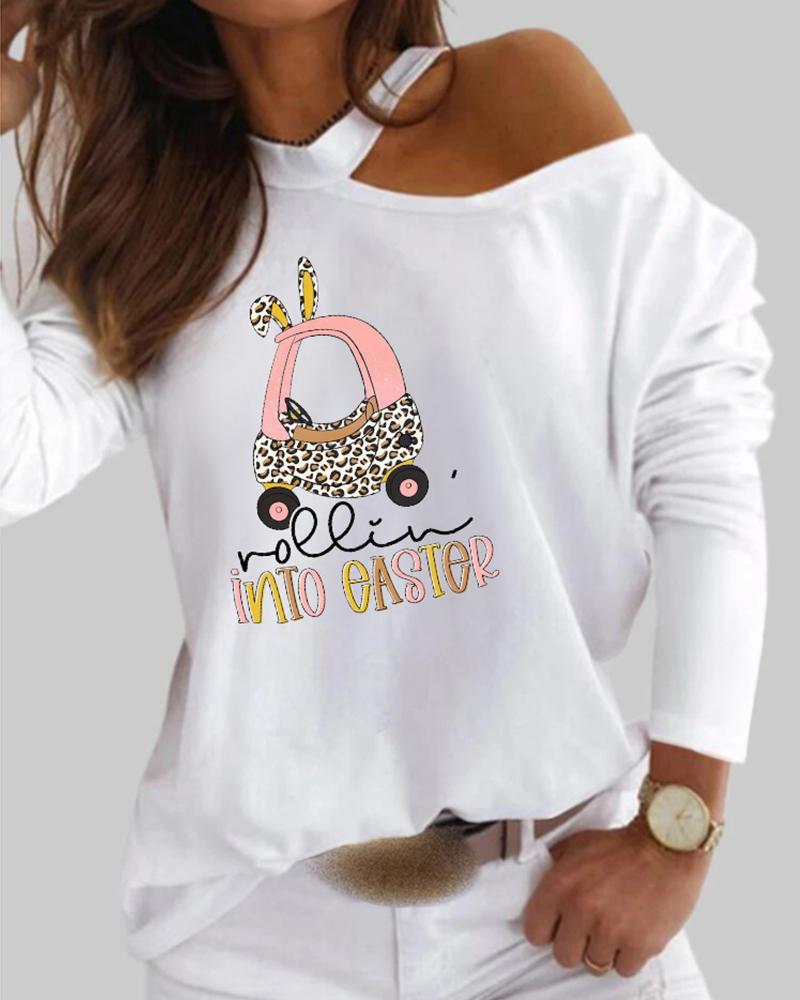 

Rolling Into Easter Bunny Print Cold Shoulder Top, White