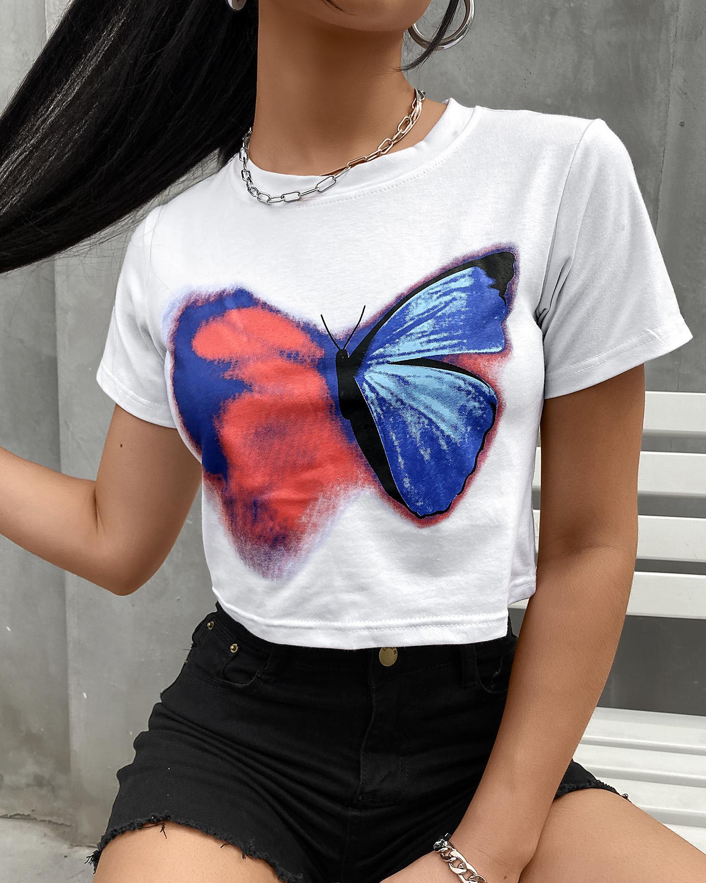 

Butterfly Print Short Sleeve Casual T-Shirt, White