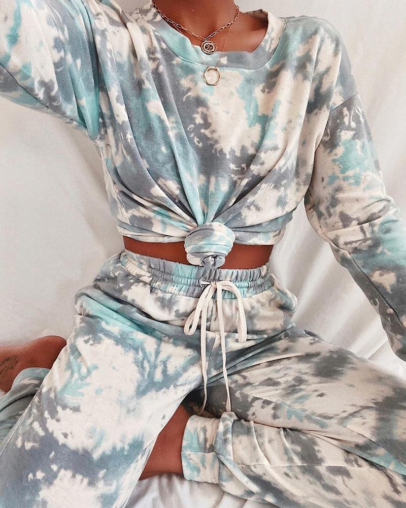 

Tie Dye Print Long Sleeve Top & Drawstring Pants Set, Multicolor