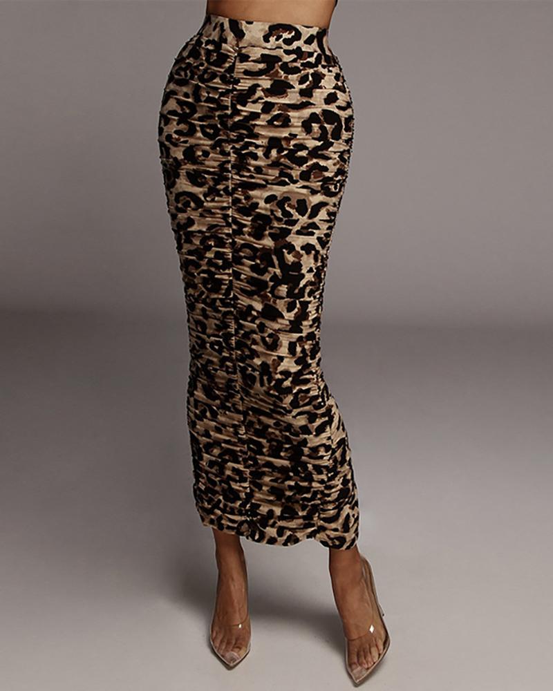 

Animal Print Ruched Slit Maxi Skirt, Leopard