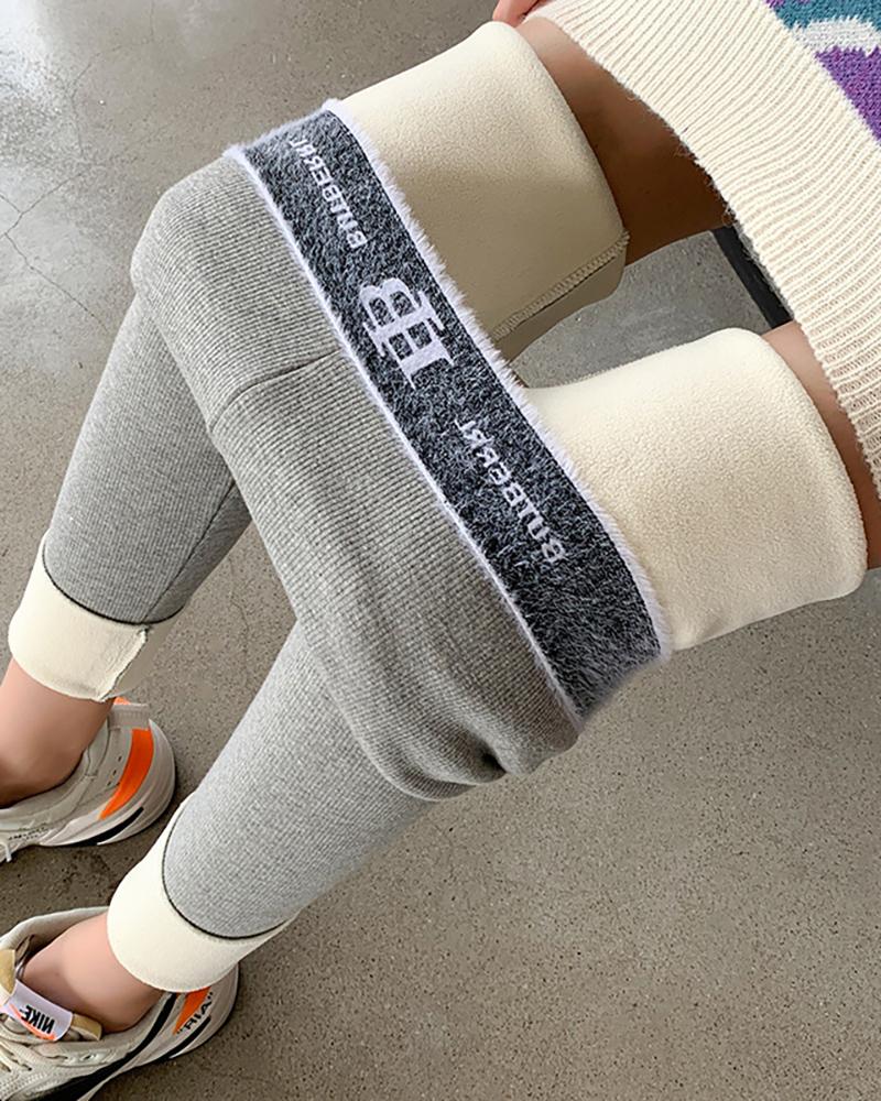 

Letter Trim Fleece Lined High Waist Thermal Warm Leggings, Gray