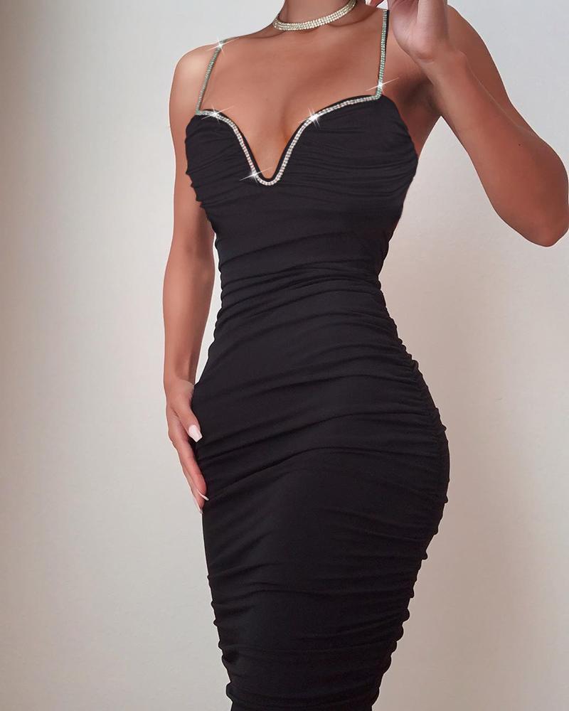 

Spaghetti Strap Ruched Bodycon Dress, Black