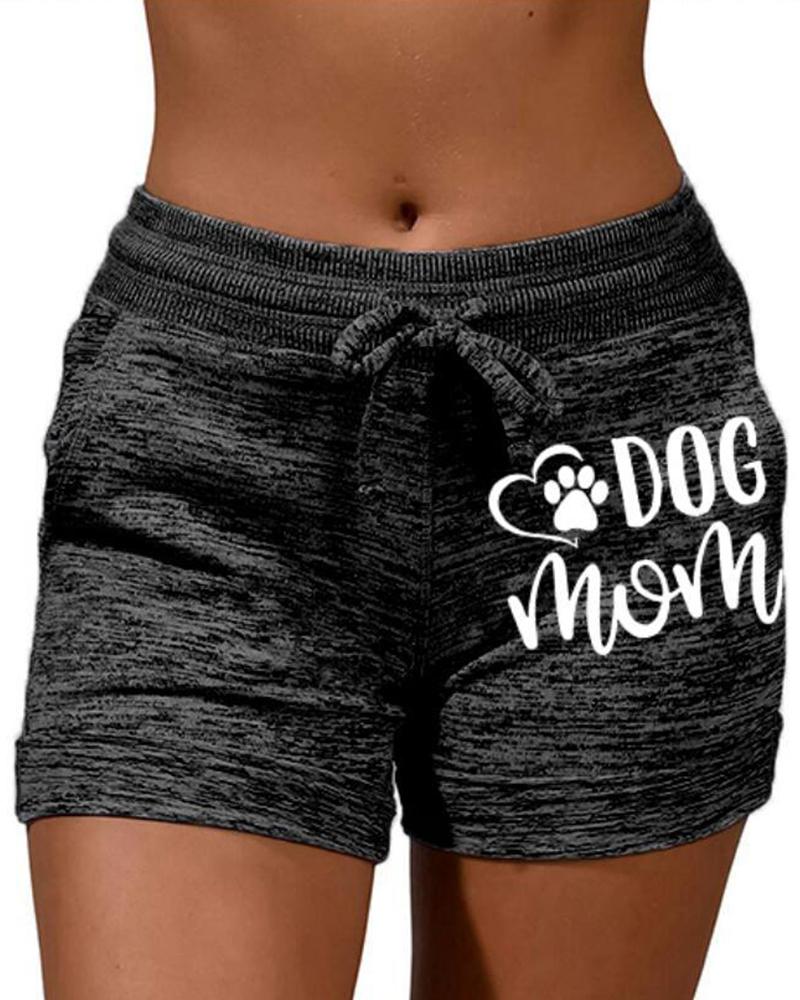 

Letter Paw Print Drawstring Active Shorts, Black