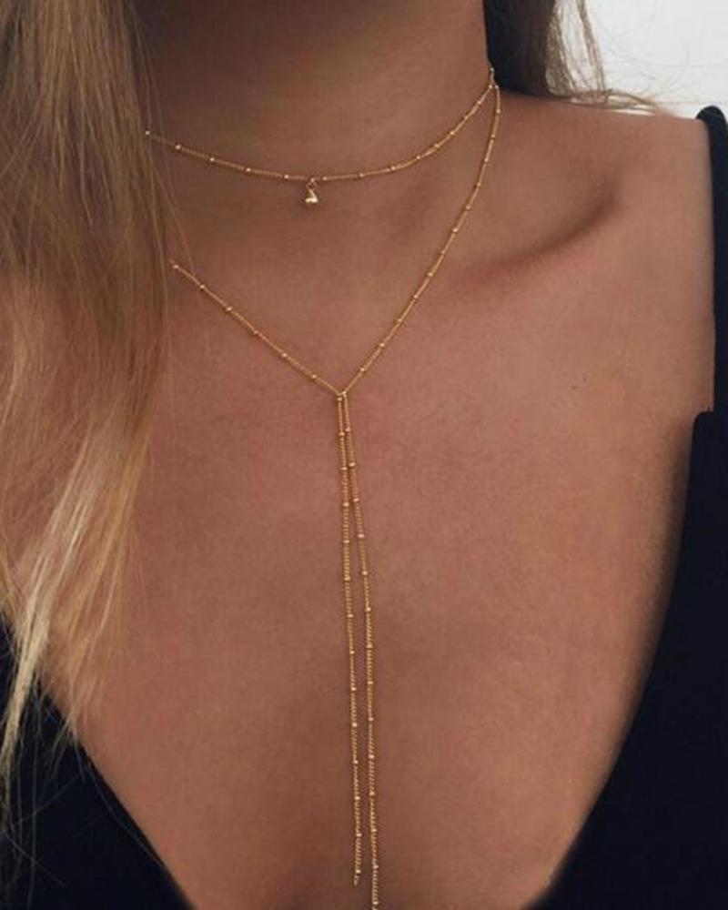 

1pc Multi-layer Tassel Design Beaded Chain Necklace, Gold