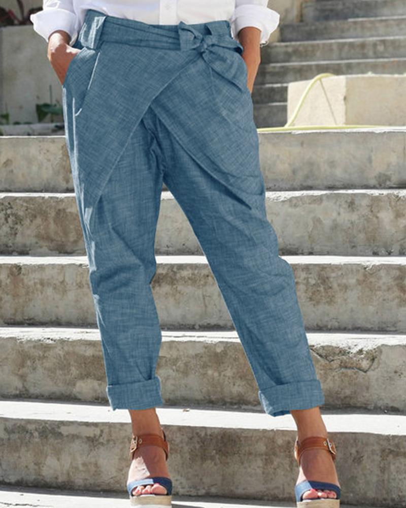 

Solid Bow Cigarette Long Pants, Blue
