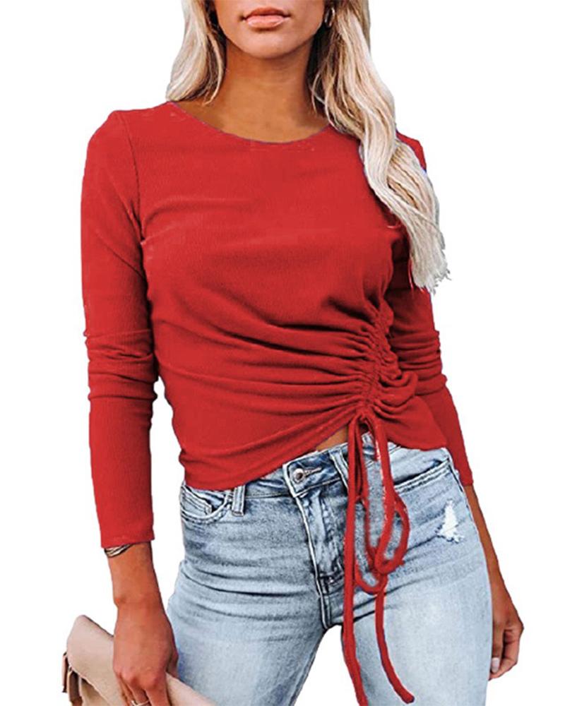 

Drawstring Round Neck Long Sleeve Top, Red