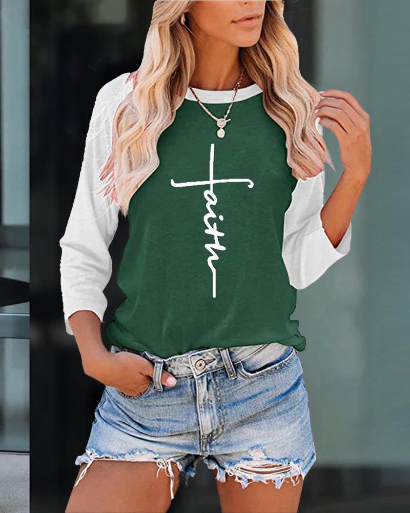 

Letter Print Raglan Sleeve Casual Top, Green