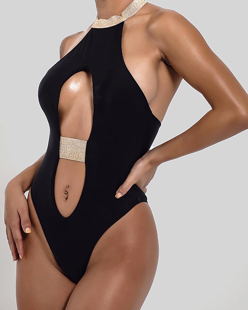 

Halter Cutout Backless One Piece Swimsuit, Black