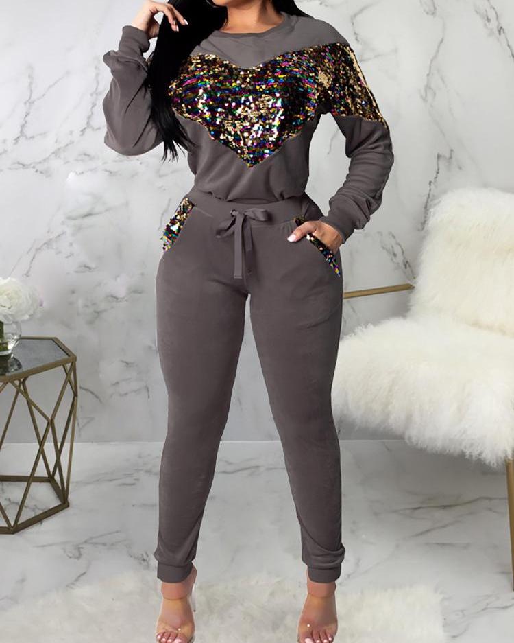 

Heart Sequin Patch Drawstring Tracksuit, Gray