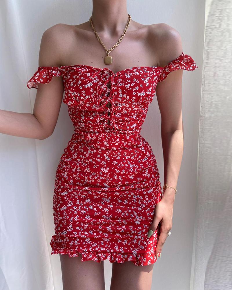 

Ditsy Floral Print Ruffles Lace-up Dress, Red