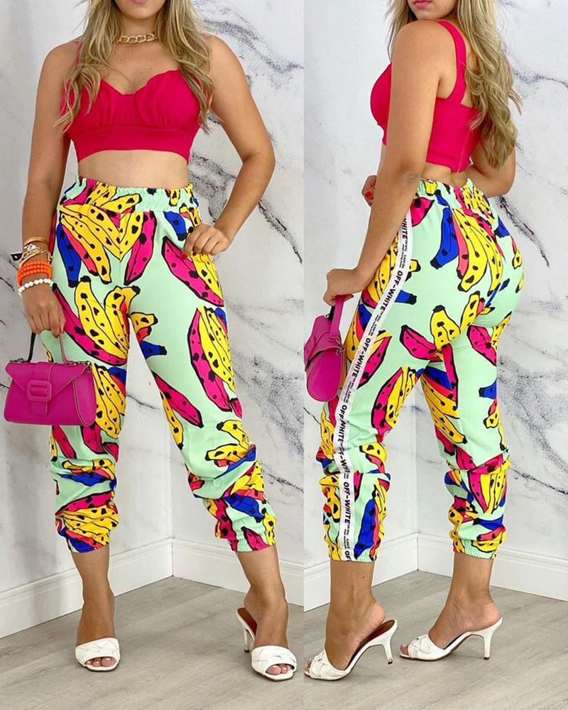 

Tropical Fruit Print Thick Strap Top & Pants Set, Hot pink