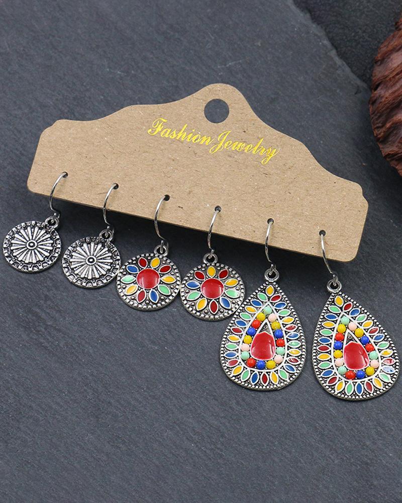 

3 Pairs Bohemian Geometric Vintage Earrings Set, Red