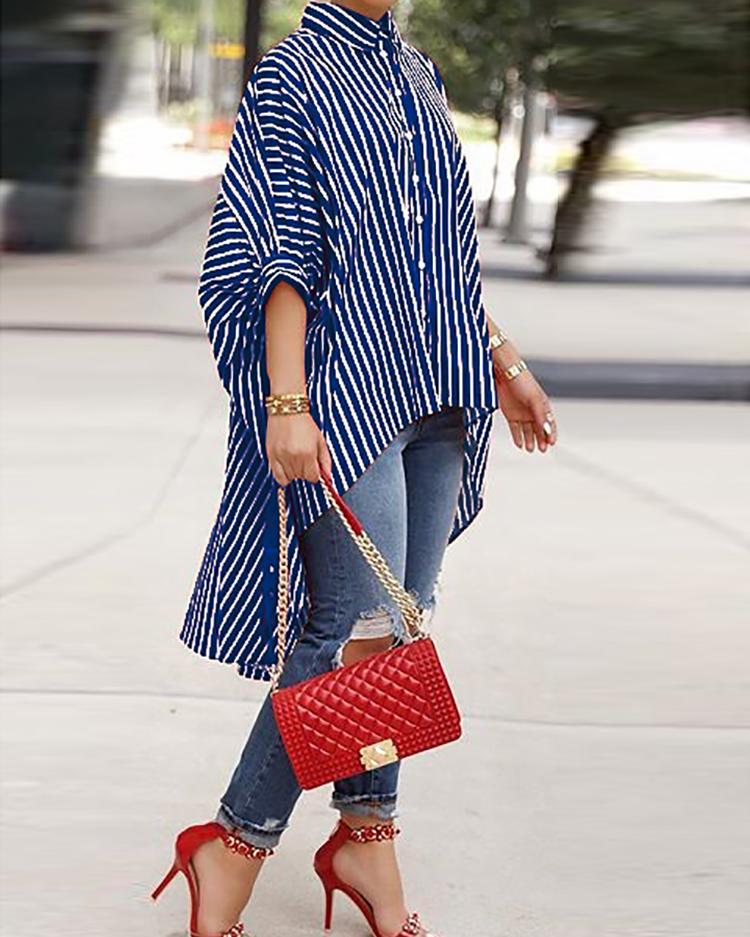 

Striped Colorblock Batwing Sleeve Dip Hem Women Top, Blue