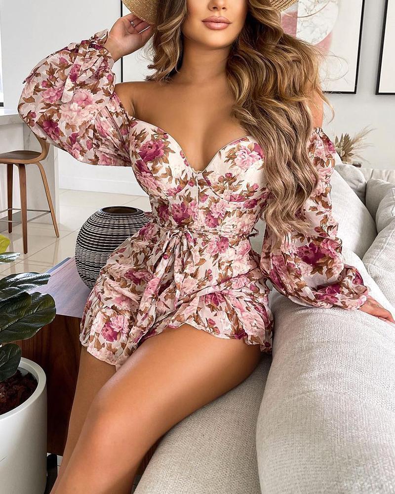 

Floral Print Lantern Sleeve Self Tie Tube Dress, Multicolor