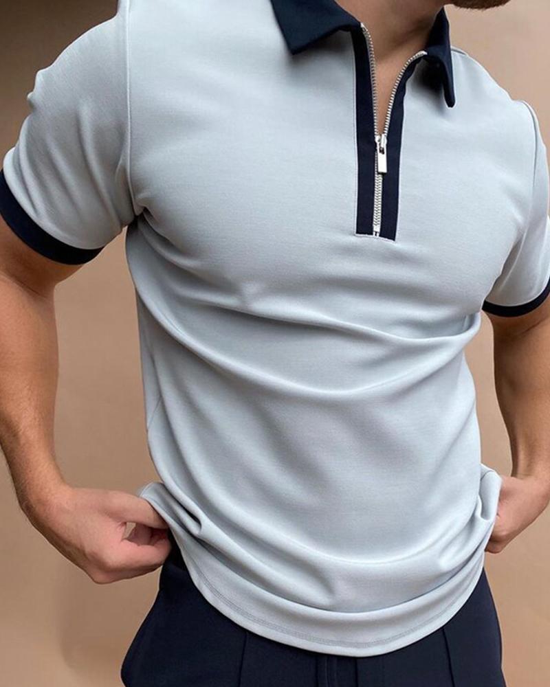 

Solid Color Border Patchwork Short Sleeve Polo Shirts, Light gray
