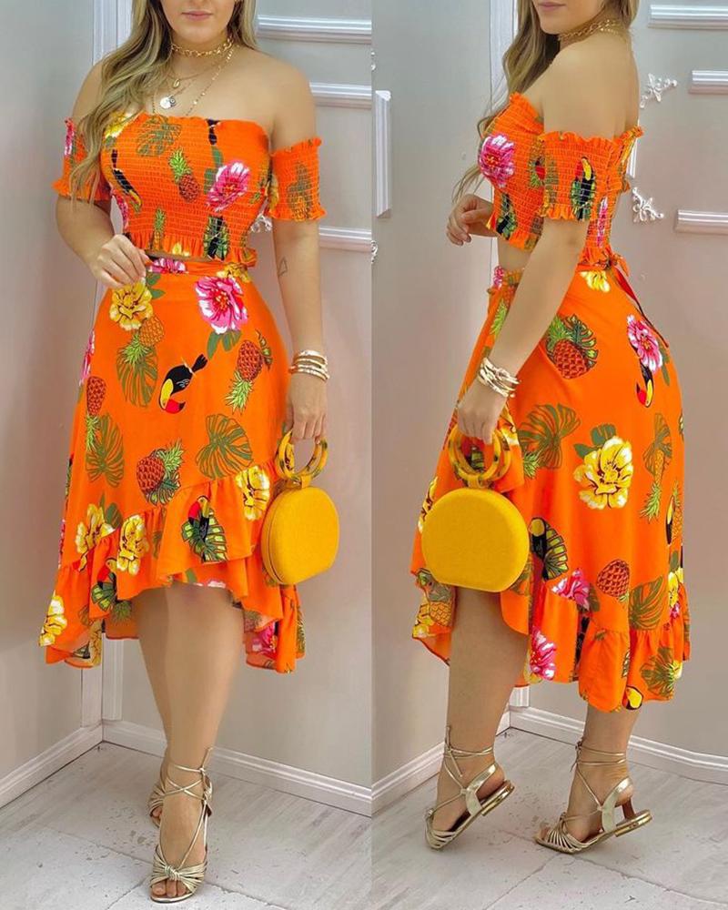 

Pineapple Floral Animal Print Frill Hem Top & Asymmetrical Trim Skirt Set, Orange