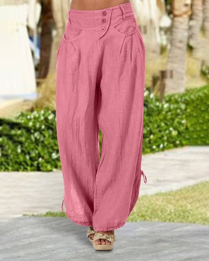 Button Pocket Design Drawstring Wide Leg Pants