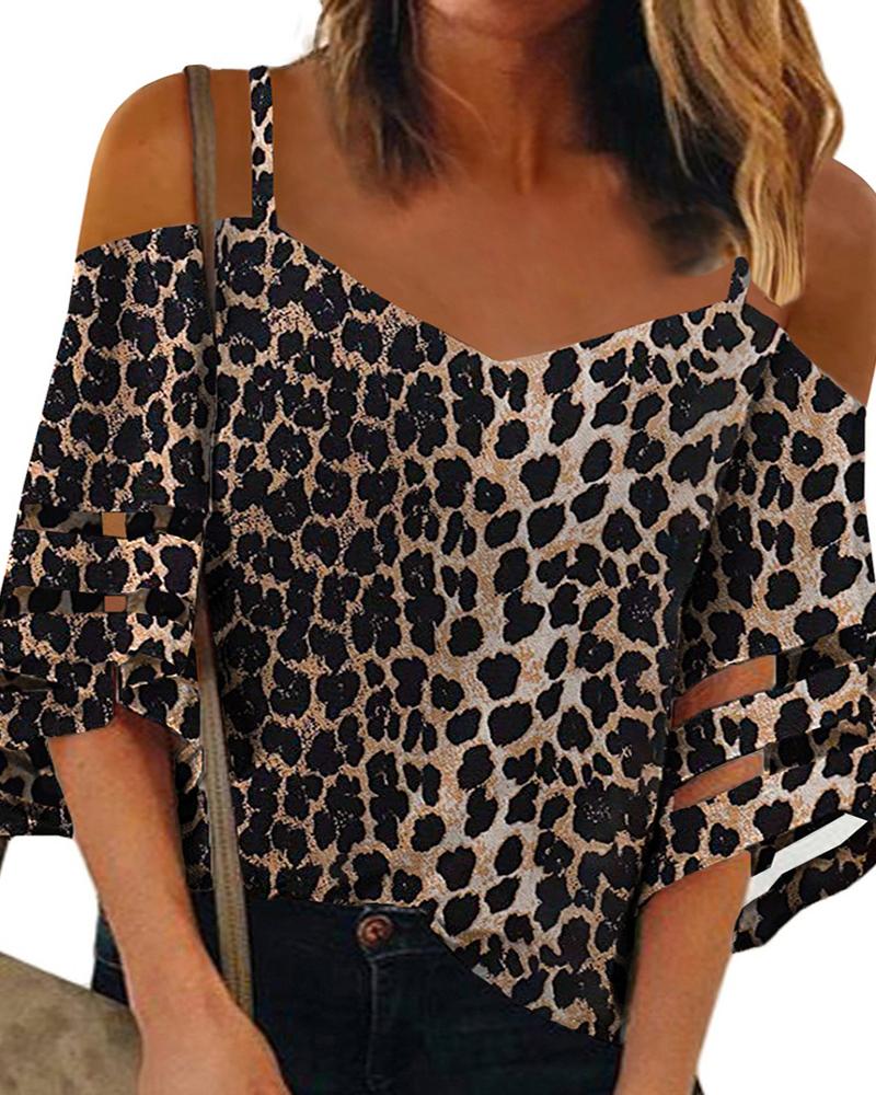 

Cheetah Print Cold Shoulder Sheer Mesh Top, Brown