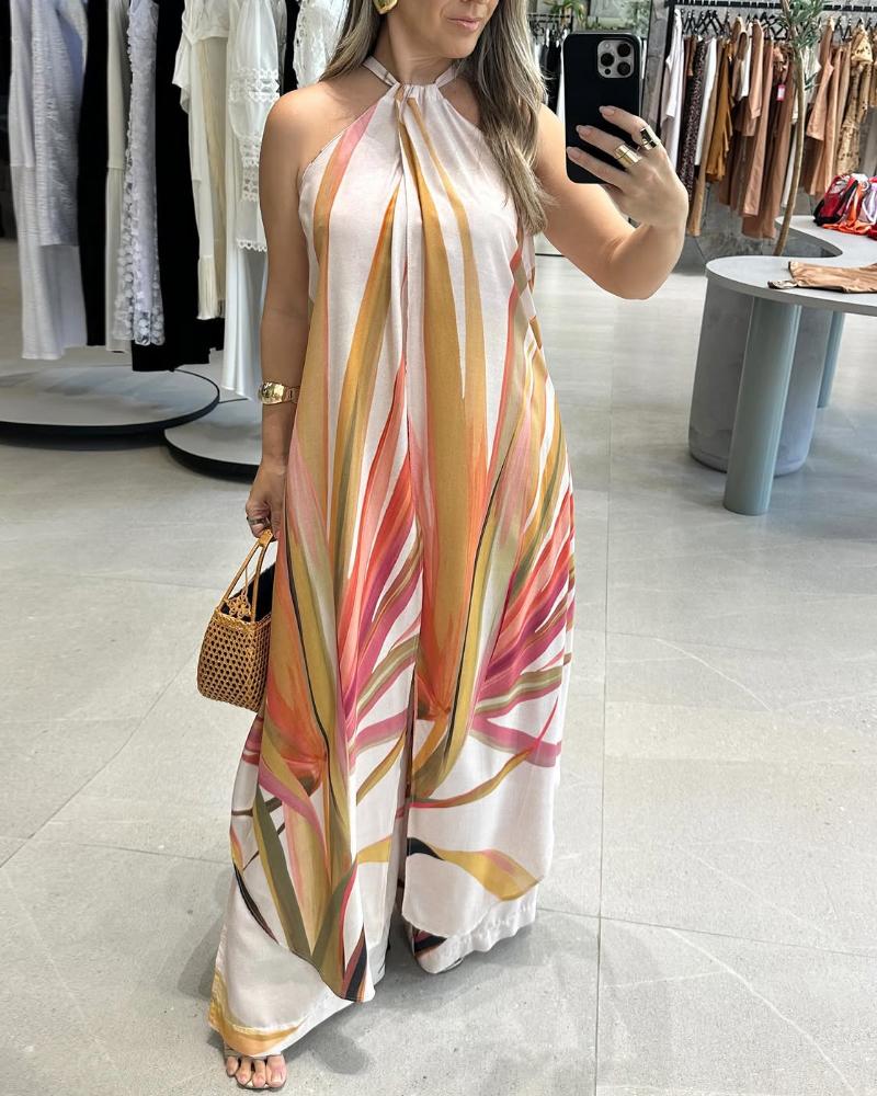 

2 Pieces Vacation Outfits Floral Print Halter Sleeveless Slit Top and Casual Wide Leg Pants Set, Apricot