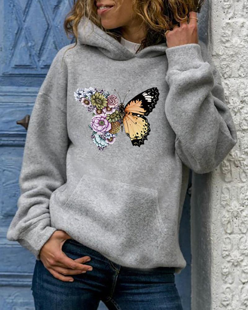 

Butterfly Print Pocket Design Hooded Top, Gray