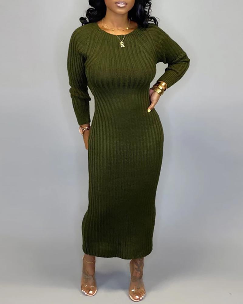 

Solid Round Neck Ribbed Cut Out Sweater Bodycon Dress, Army green