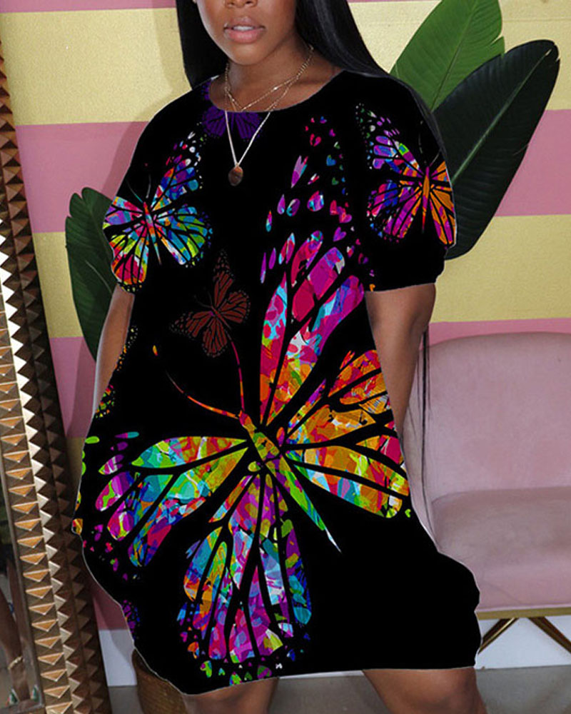 

Butterfly Print Short Sleeve Casual Dress, Black