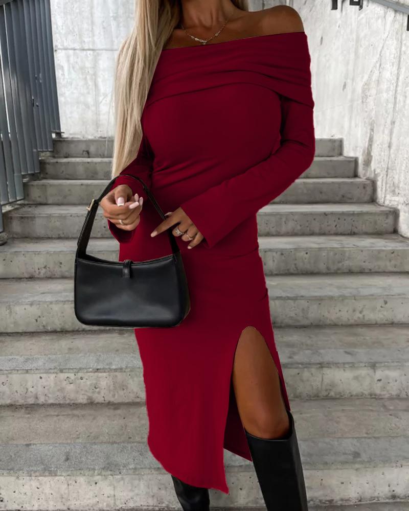 

Off Shoulder Long Sleeve Slit Midi Dress, Red