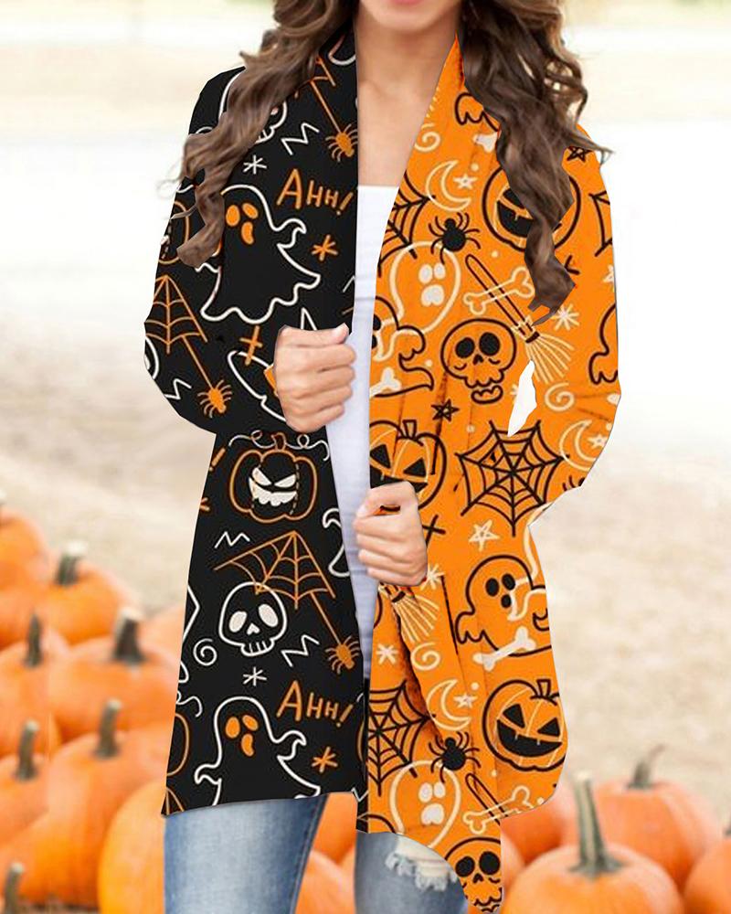 

Halloween Letter Ghost Graphic Print Colorblock Cardigan, Orange