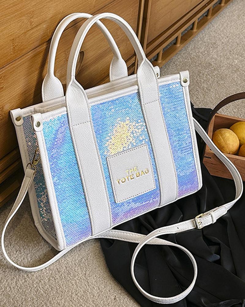 

Trendy Large Capacity Sequin Top Handle Tote Bag, White