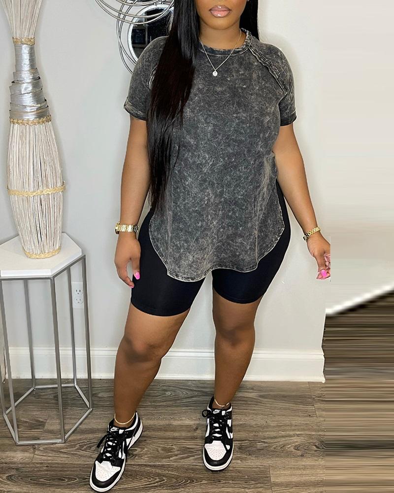 

Denim Look Print Slit Top & Causal Shorts Set, Black