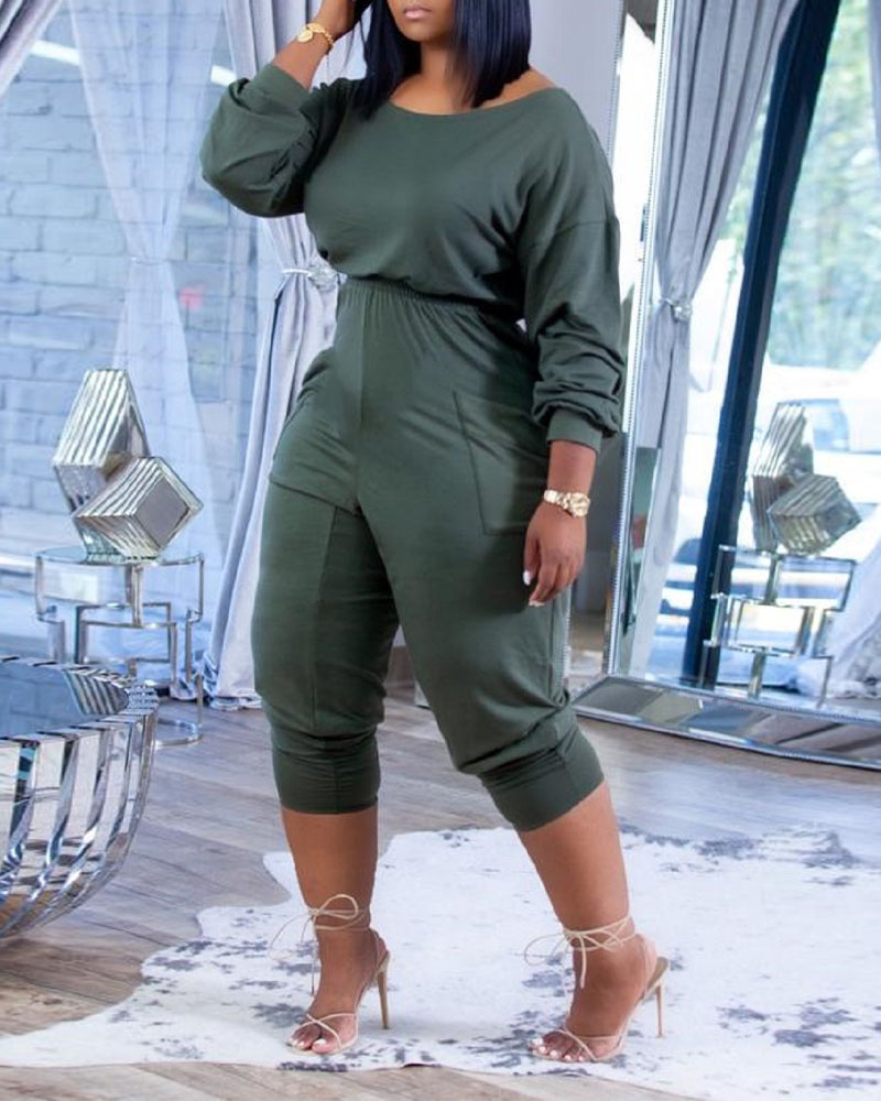 

Long Sleeve Pocket Detail Stacked Jumpsuit, Green