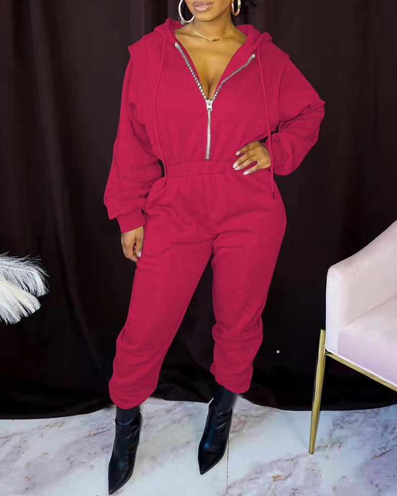 

Zipper Pocket Design Hooded Jumpsuit, Hot pink