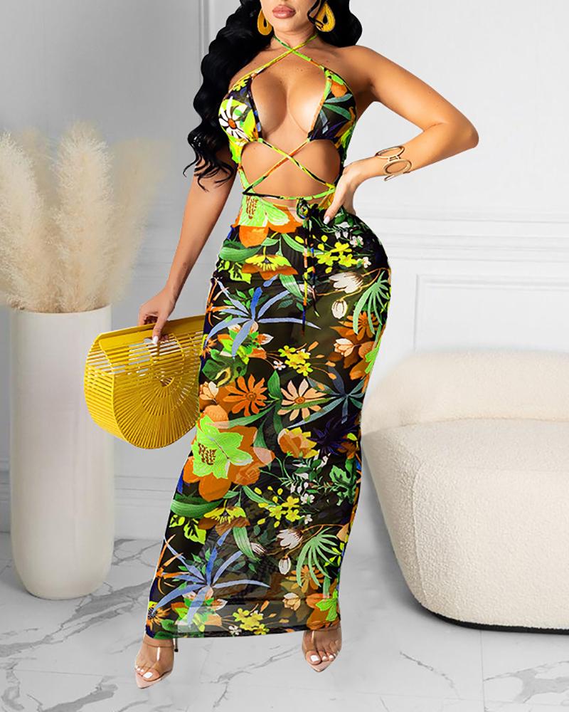 

Halter Cutout Tropical Print Mesh Maxi Dress, Yellow