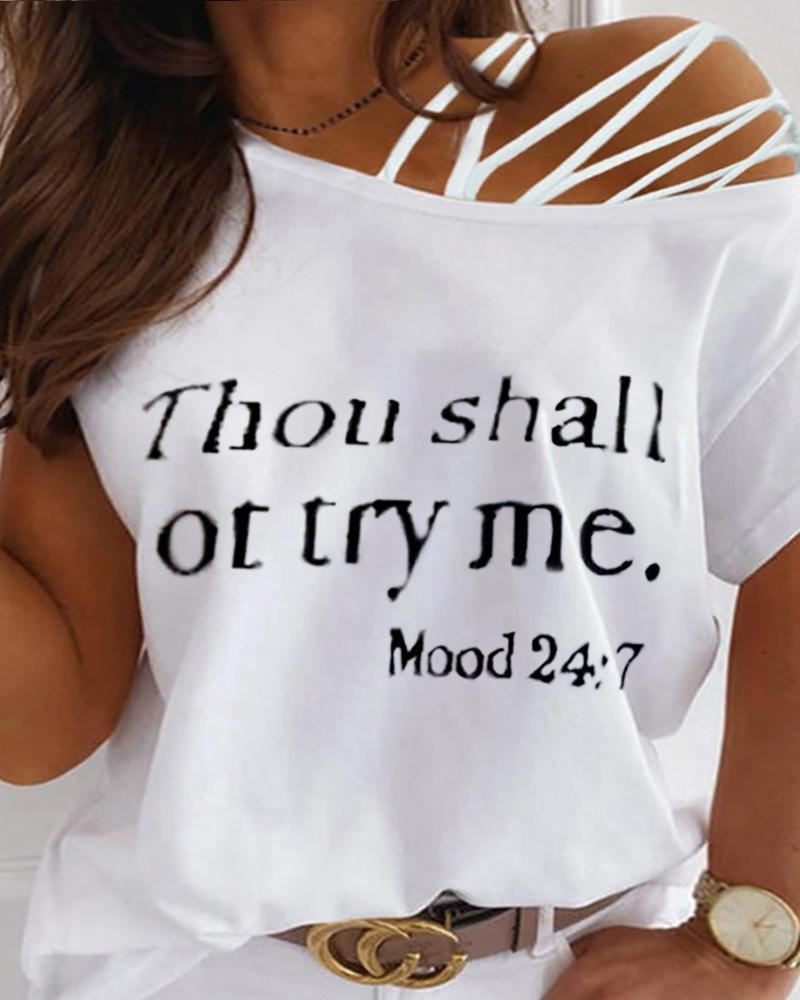 

Plus Size Thou Shall Not Try Me Print Cold Shoulder Top, White