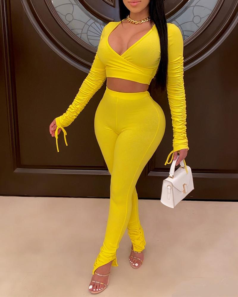 

Ribbed Ruched Crop Top & Slit Pants Set, Yellow