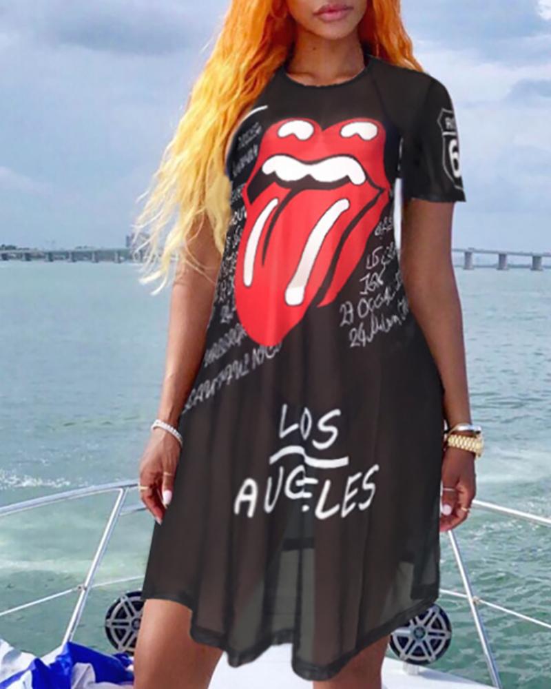 

Round Neck Mouth and Letter Print Dress, Black