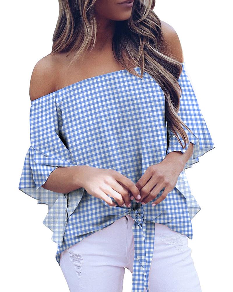 

Tie Knot Plaid Print Ruffles Off Shoulder Top, Blue