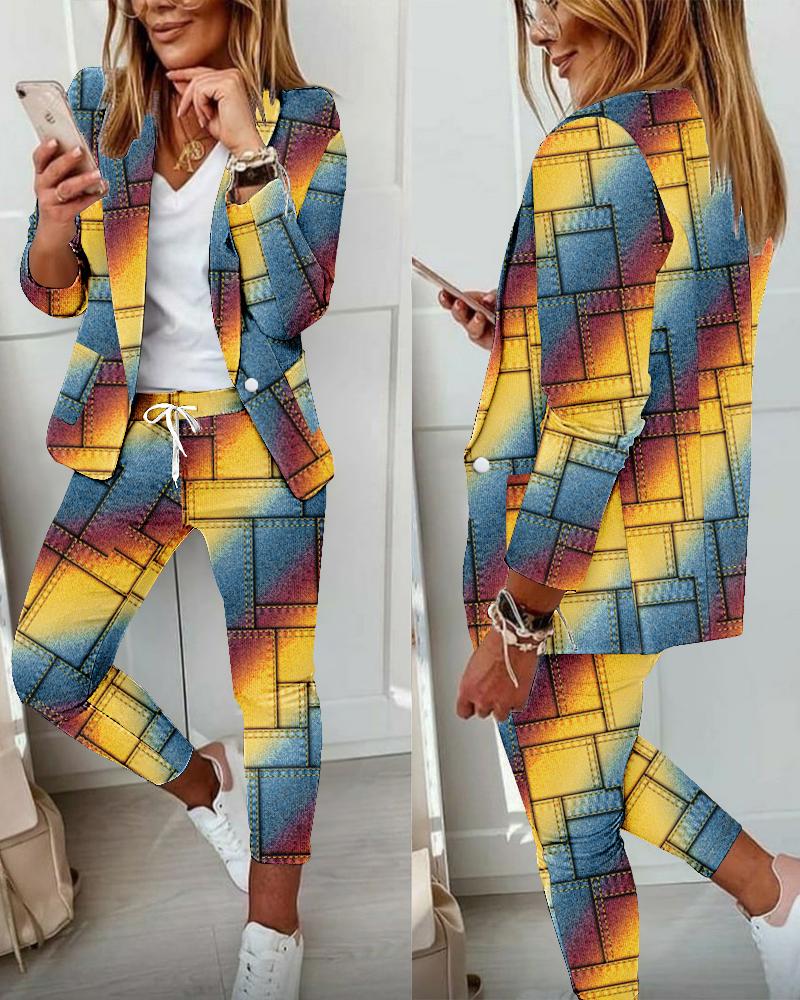 

Denim Look Print Rainbow Ombre Blazer Coat & Drawstring Pants Set, Multicolor