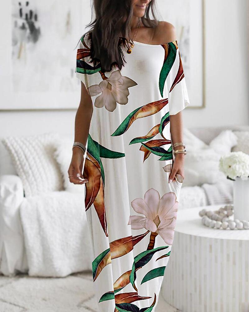 

Floral Print Short Sleeve Maxi Dress, White