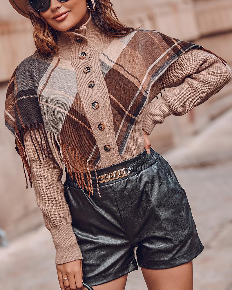 

Argyle Print Tassel Detail High Neck Fake Two-piece Cardigan, Khaki