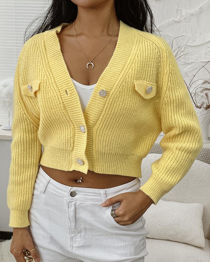 

Buttoned Fake Pocket Crop Cardigan, Yellow