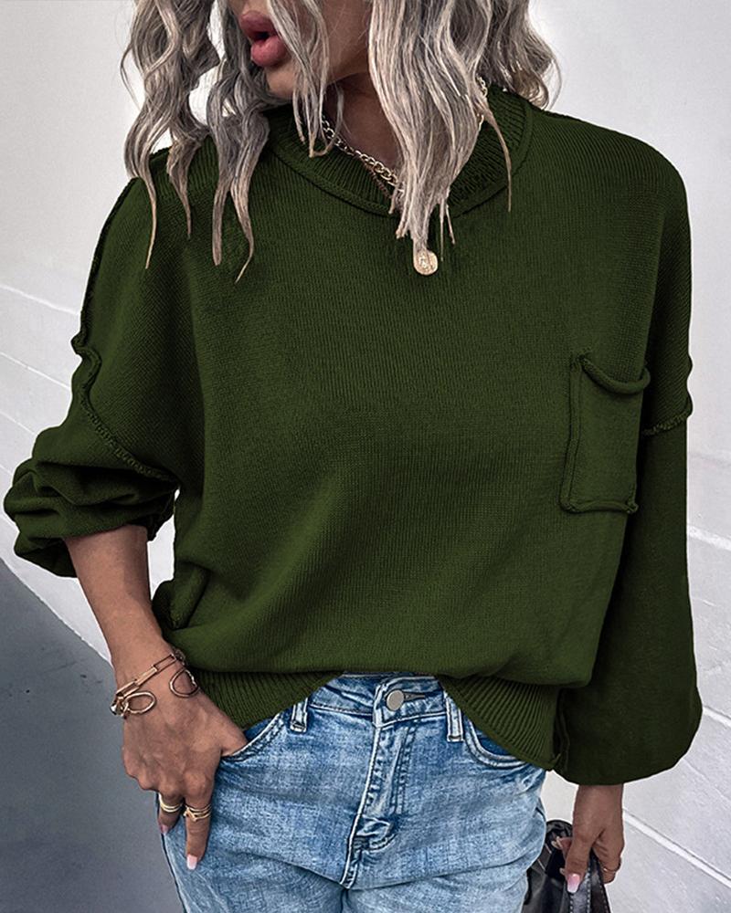 

Pocket Detail Lantern Sleeve Sweater, Green